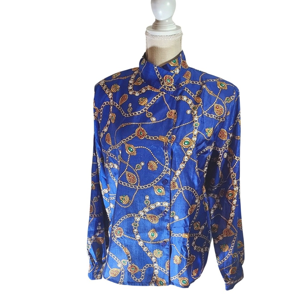 Laura & Jayne Purple Women 14 Gold Chain Jewel Print Mock Neck Vintage 80s